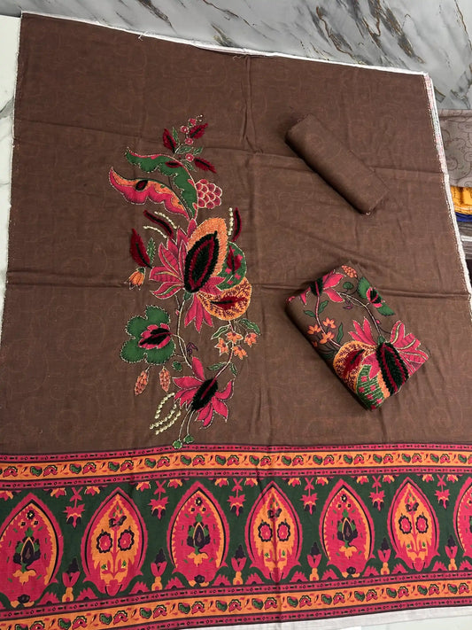 Premium Winter Khaddar 3-Piece Suit with Velvet Embroidery