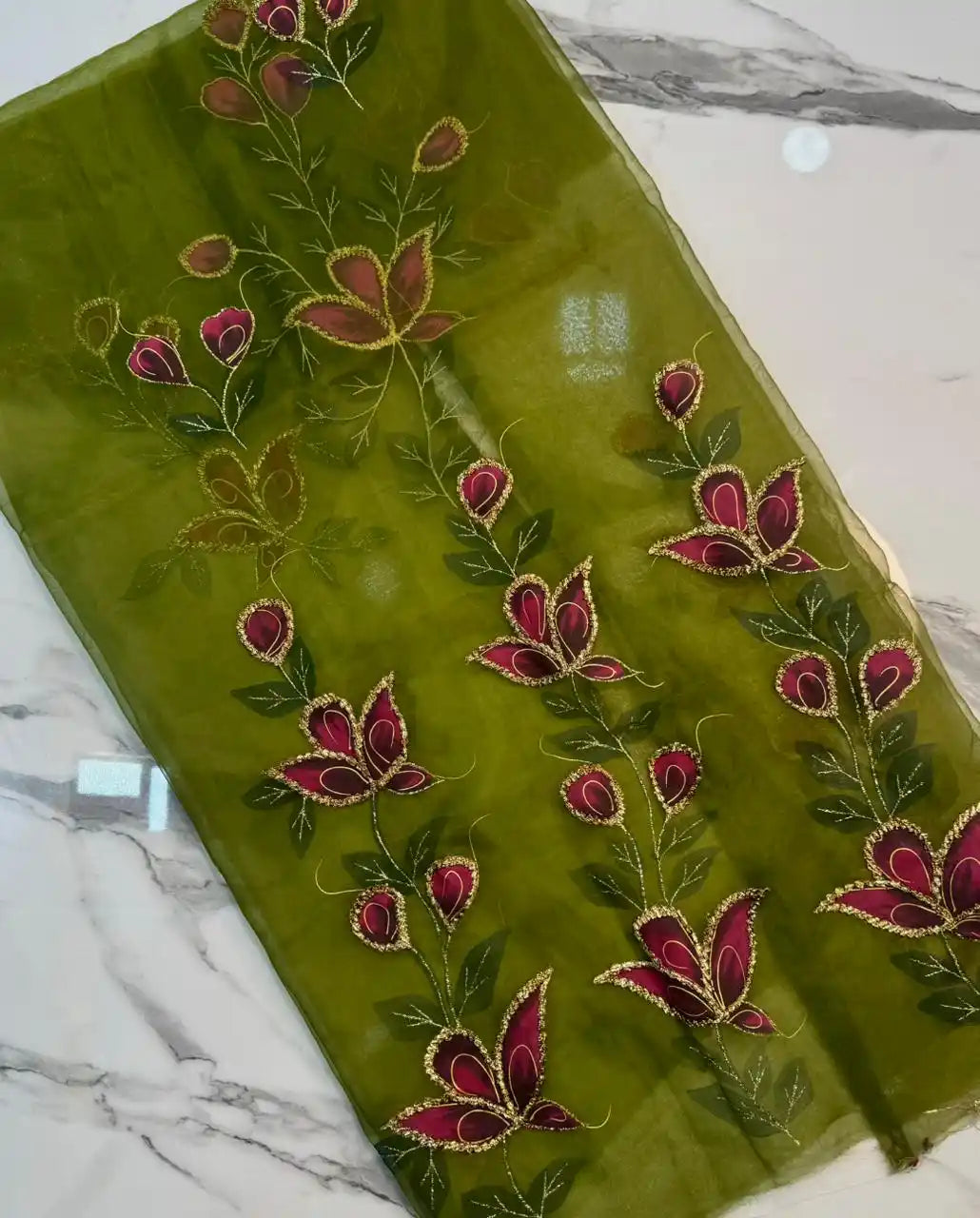 4PC MEHNDI ORGANZA HEAVY HAND PAINT FULLY GOTTA WORK