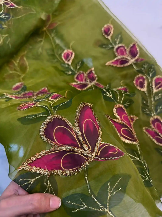 4PC MEHNDI ORGANZA HEAVY HAND PAINT FULLY GOTTA WORK