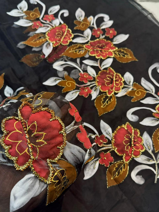 4PC BLACK ORGANZA HEAVY HAND PAINT FULLY GOTTA WORK