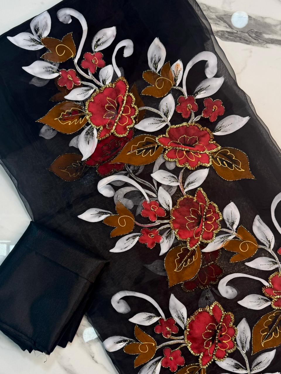 4PC BLACK ORGANZA HEAVY HAND PAINT FULLY GOTTA WORK