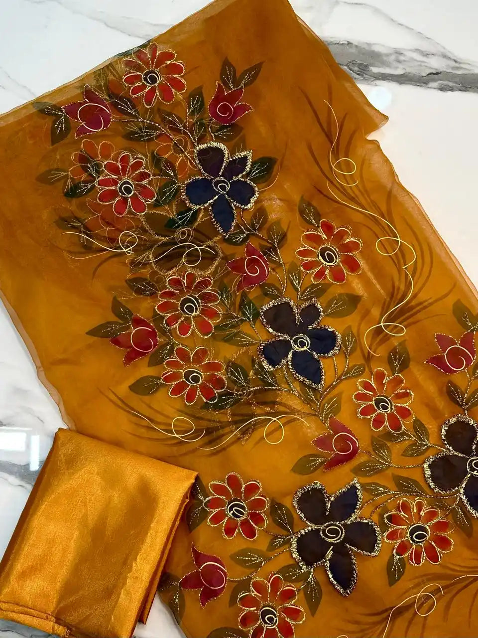 4PC MUSTERD ORGANZA HEAVY HAND PAINT FULLY GOTTA WORK