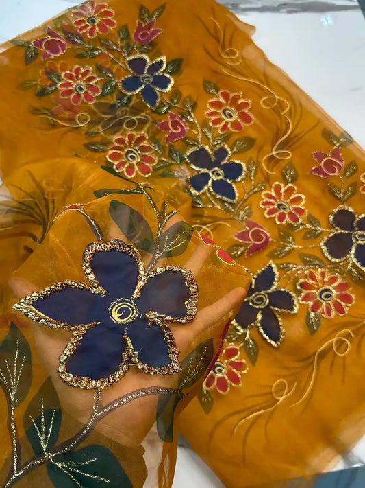 4PC MUSTERD ORGANZA HEAVY HAND PAINT FULLY GOTTA WORK