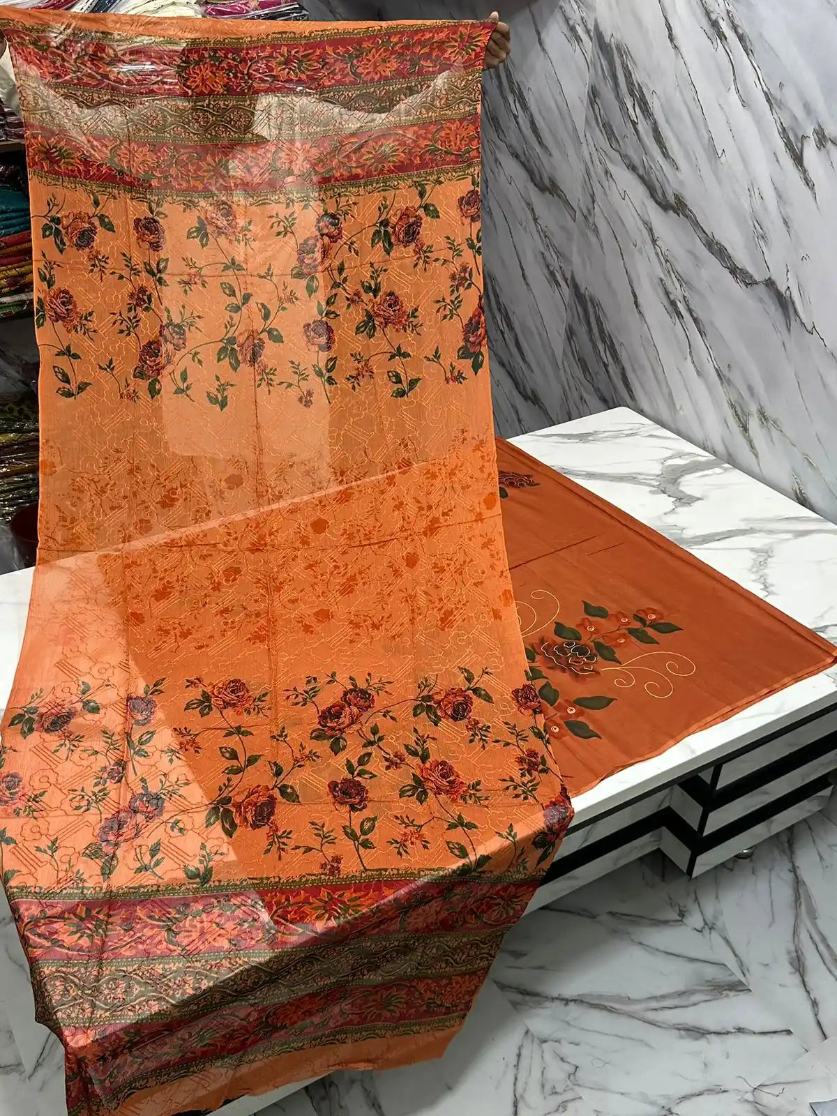 HAND-PAINTED LAWN 3-PIECE SUIT WITH EMBROIDERED CHIFFON DUPATTA & PRINTED TROUSER