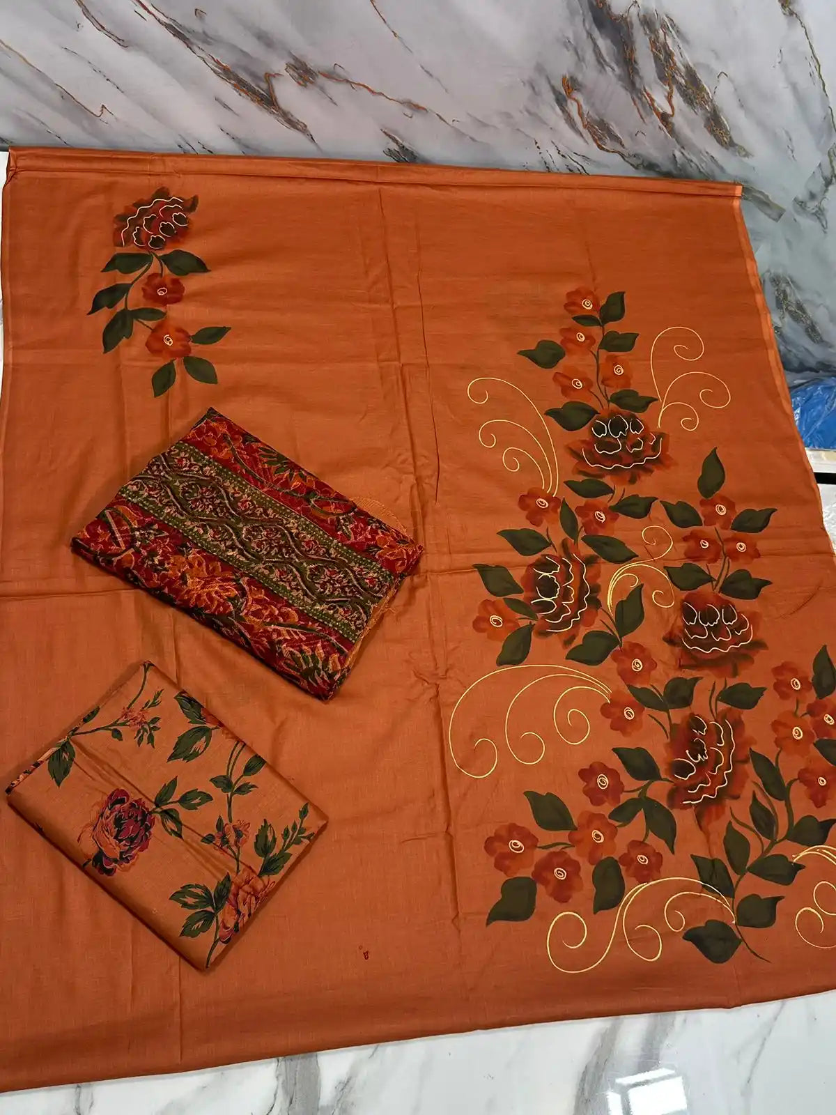 HAND-PAINTED LAWN 3-PIECE SUIT WITH EMBROIDERED CHIFFON DUPATTA & PRINTED TROUSER