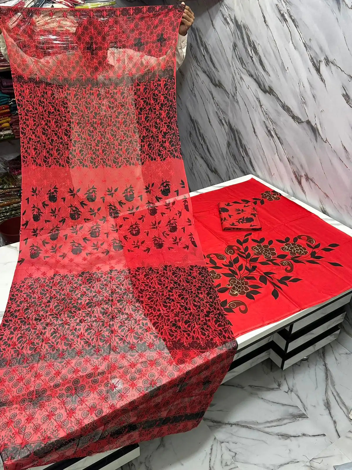 HAND-PAINTED LAWN 3-PIECE SUIT WITH EMBROIDERED CHIFFON DUPATTA & PRINTED TROUSER