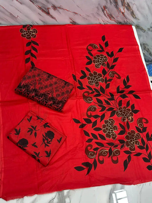 HAND-PAINTED LAWN 3-PIECE SUIT WITH EMBROIDERED CHIFFON DUPATTA & PRINTED TROUSER