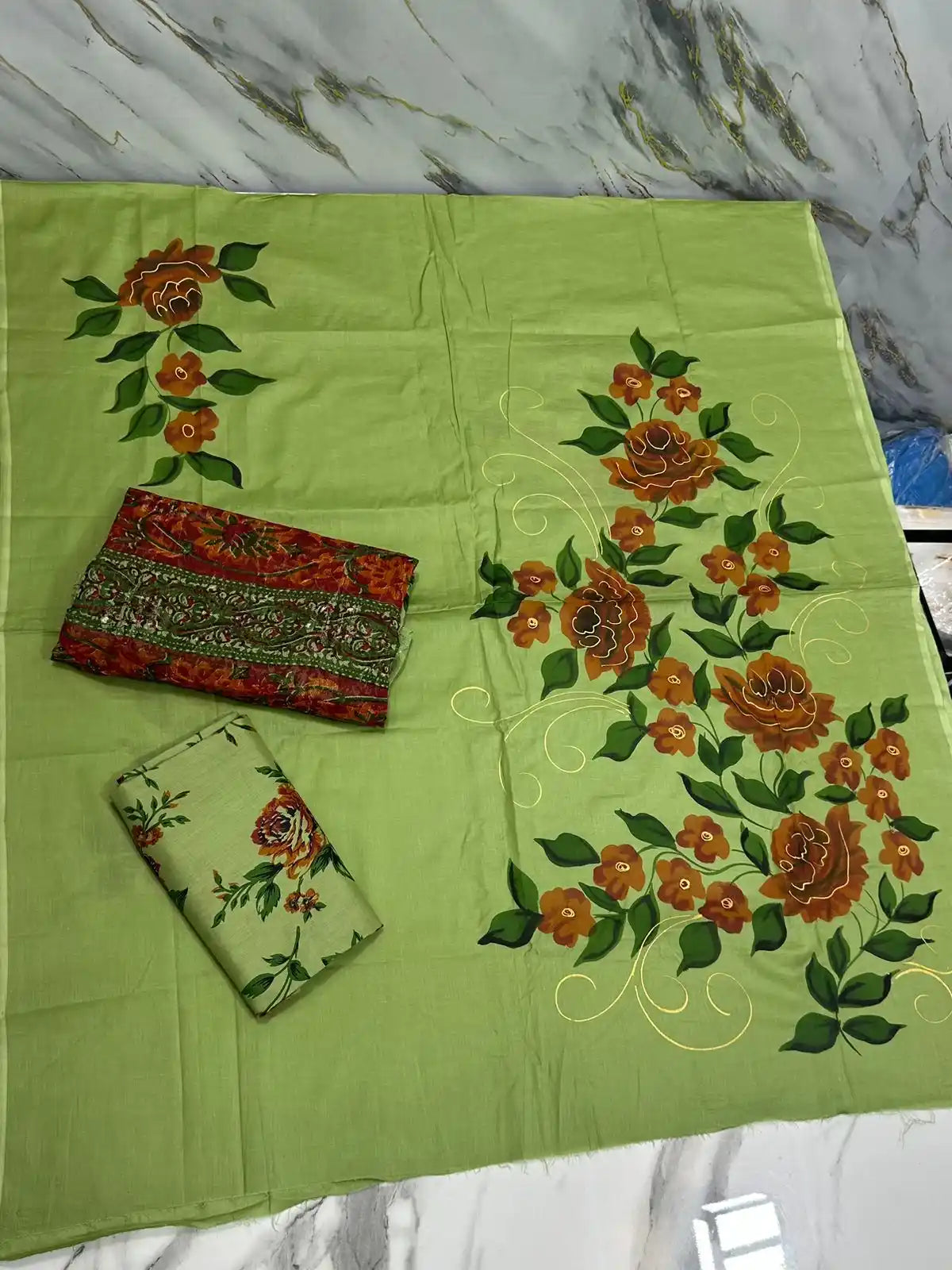 HAND-PAINTED LAWN 3-PIECE SUIT WITH EMBROIDERED CHIFFON DUPATTA & PRINTED TROUSER