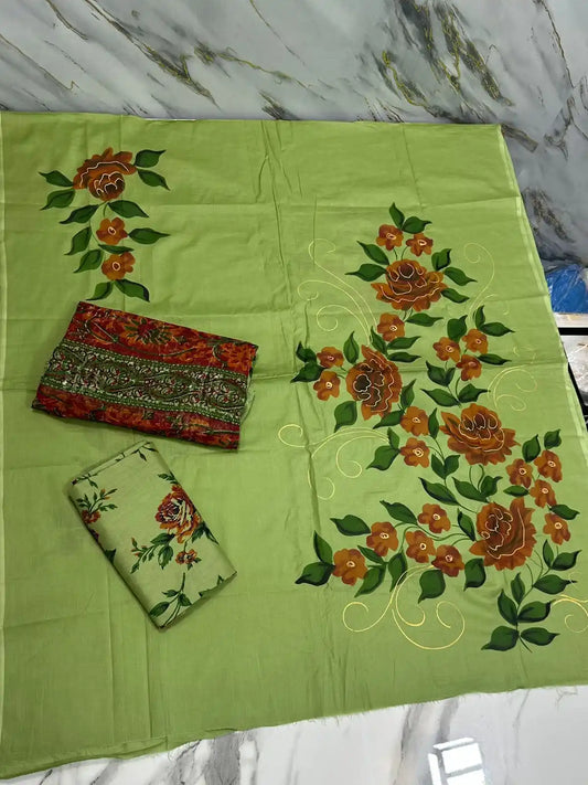 HAND-PAINTED LAWN 3-PIECE SUIT WITH EMBROIDERED CHIFFON DUPATTA & PRINTED TROUSER