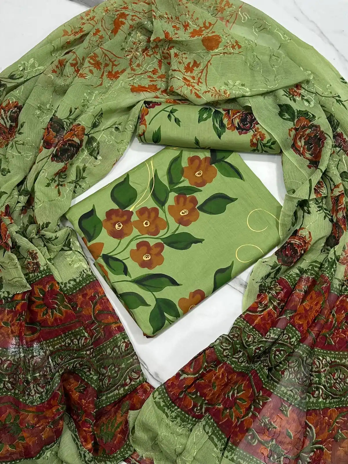 HAND-PAINTED LAWN 3-PIECE SUIT WITH EMBROIDERED CHIFFON DUPATTA & PRINTED TROUSER