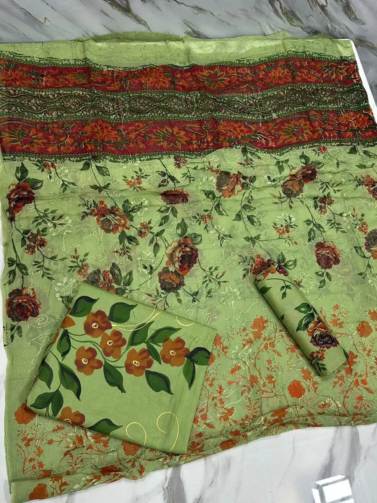 HAND-PAINTED LAWN 3-PIECE SUIT WITH EMBROIDERED CHIFFON DUPATTA & PRINTED TROUSER