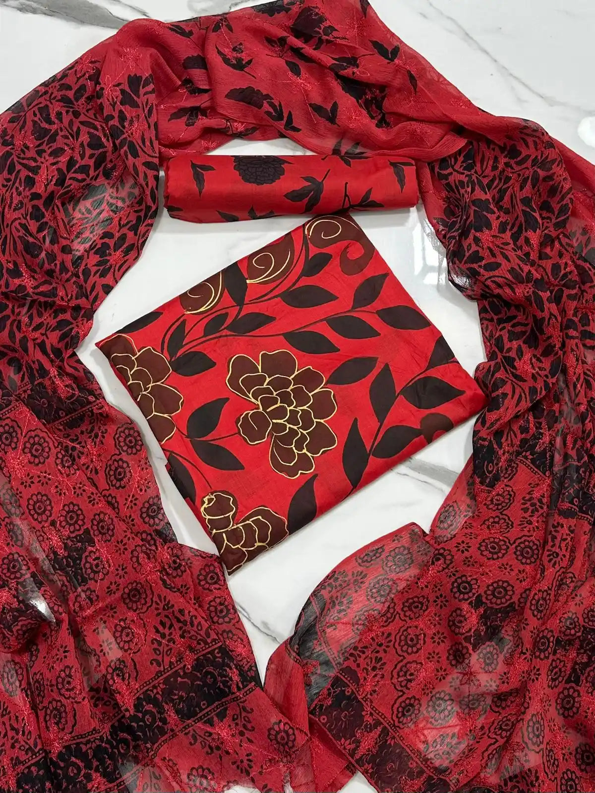 HAND-PAINTED LAWN 3-PIECE SUIT WITH EMBROIDERED CHIFFON DUPATTA & PRINTED TROUSER
