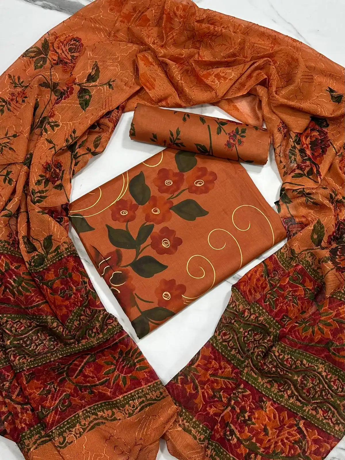 HAND-PAINTED LAWN 3-PIECE SUIT WITH EMBROIDERED CHIFFON DUPATTA & PRINTED TROUSER