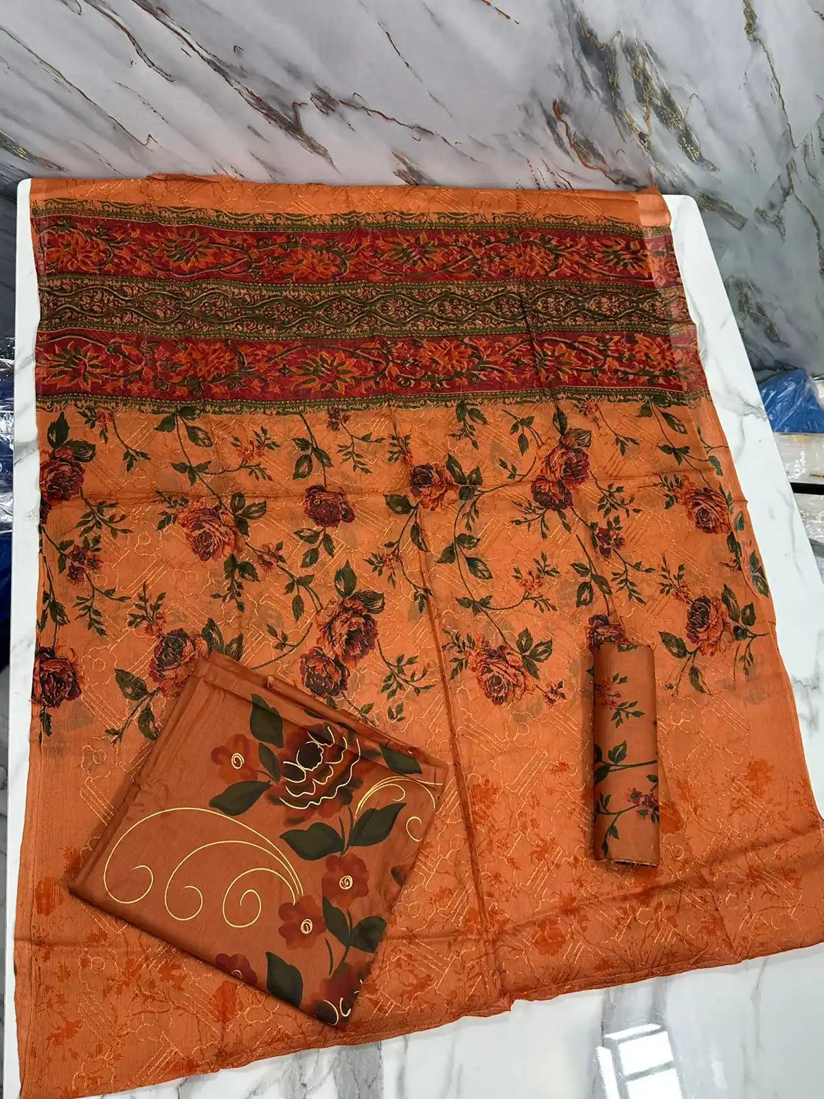 HAND-PAINTED LAWN 3-PIECE SUIT WITH EMBROIDERED CHIFFON DUPATTA & PRINTED TROUSER