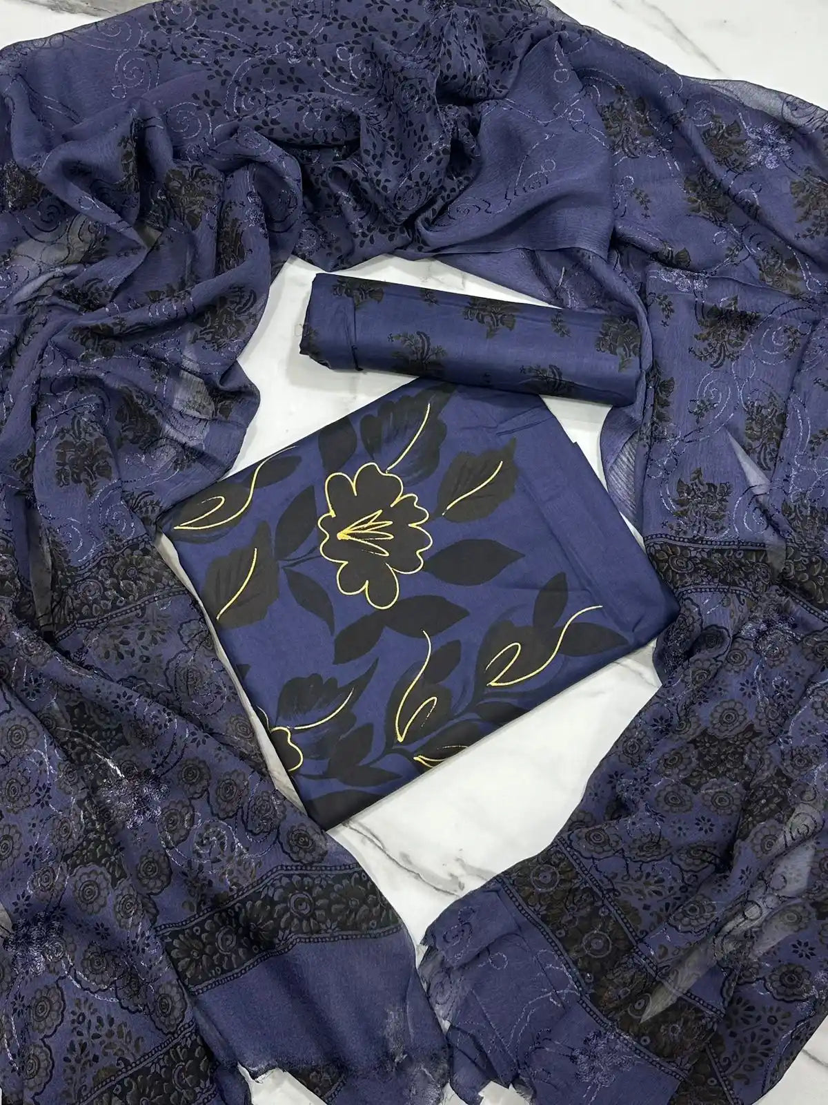 HAND-PAINTED LAWN 3-PIECE SUIT WITH EMBROIDERED CHIFFON DUPATTA & PRINTED TROUSER (Copy)