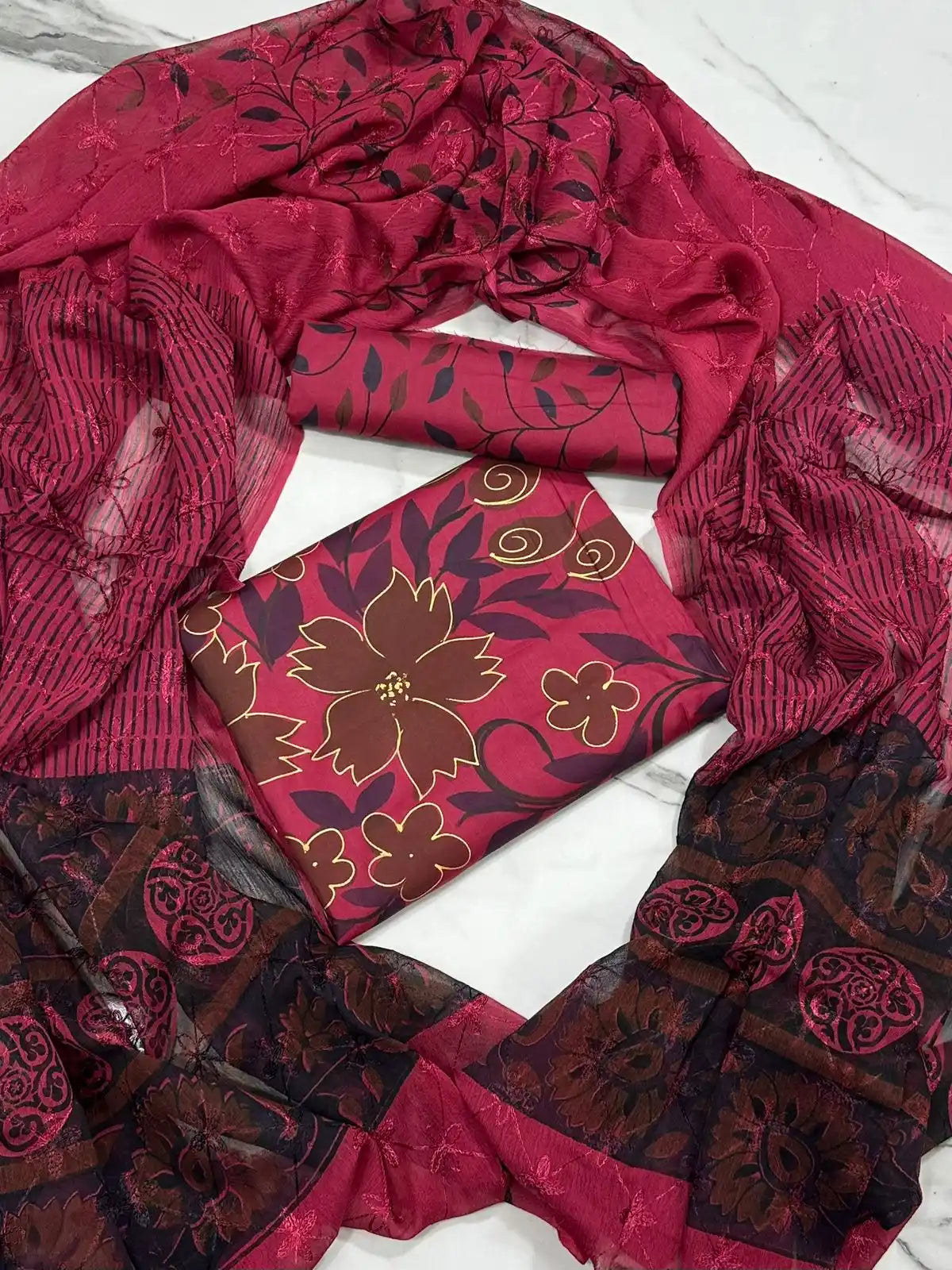 HAND-PAINTED LAWN 3-PIECE SUIT WITH EMBROIDERED CHIFFON DUPATTA & PRINTED TROUSER