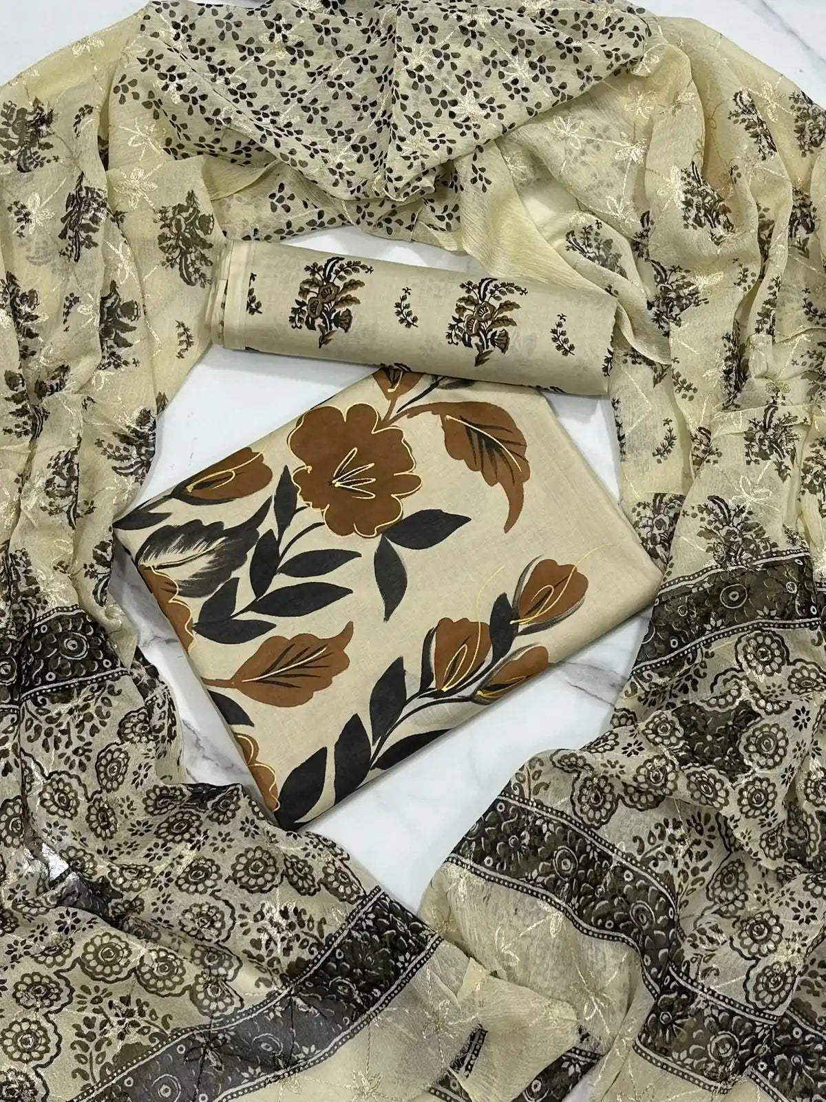 HAND-PAINTED LAWN 3-PIECE SUIT WITH EMBROIDERED CHIFFON DUPATTA & PRINTED TROUSER