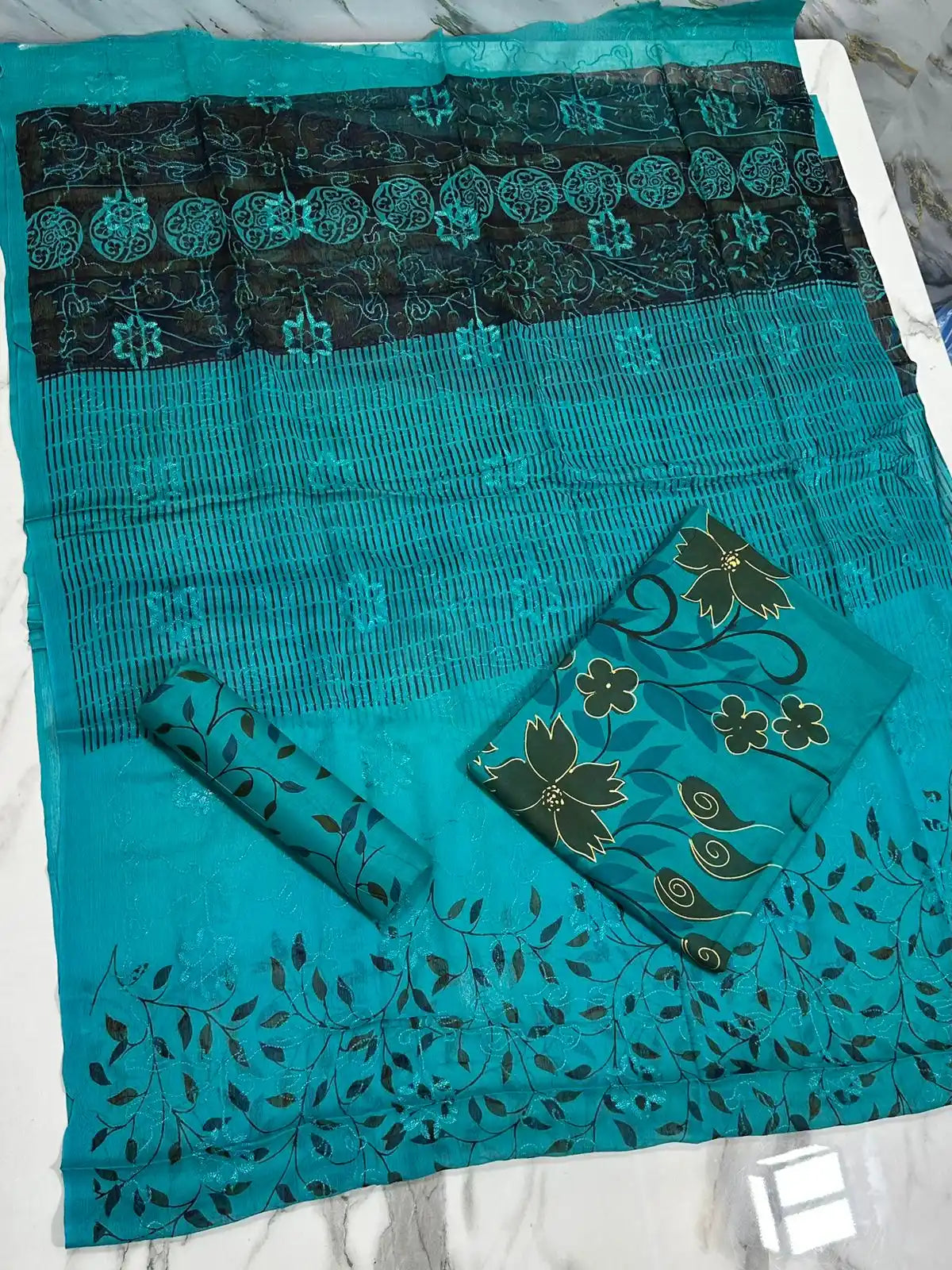 HAND-PAINTED LAWN 3-PIECE SUIT WITH EMBROIDERED CHIFFON DUPATTA & PRINTED TROUSER
