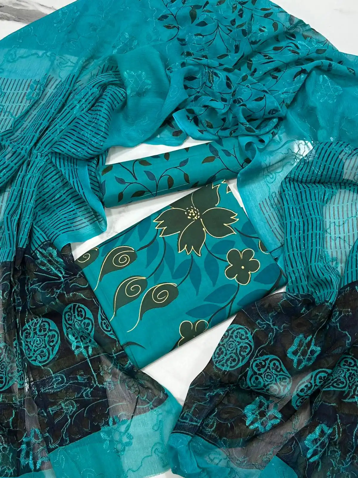 HAND-PAINTED LAWN 3-PIECE SUIT WITH EMBROIDERED CHIFFON DUPATTA & PRINTED TROUSER