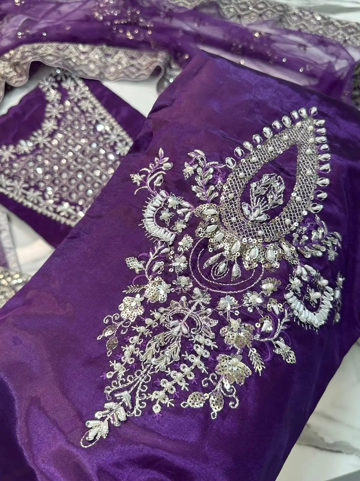 4PC PURPLE RAW SILK FANCY SUIT FULLY EMBROIDERED WORK