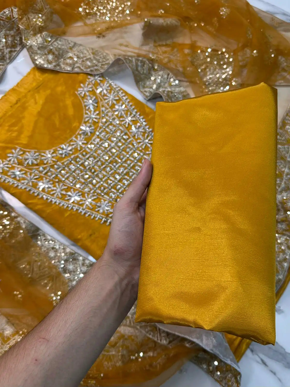 4PC MUSTARD RAW SILK FANCY SUIT FULLY EMBROIDERED WORK