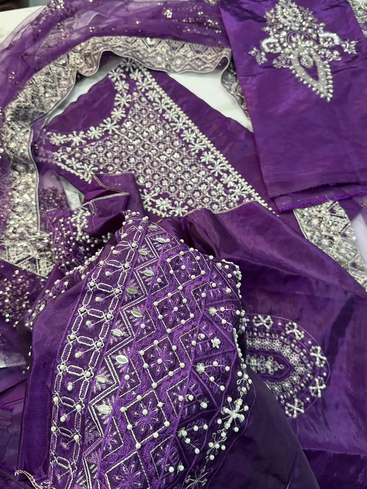 4PC PURPLE RAW SILK FANCY SUIT FULLY EMBROIDERED WORK