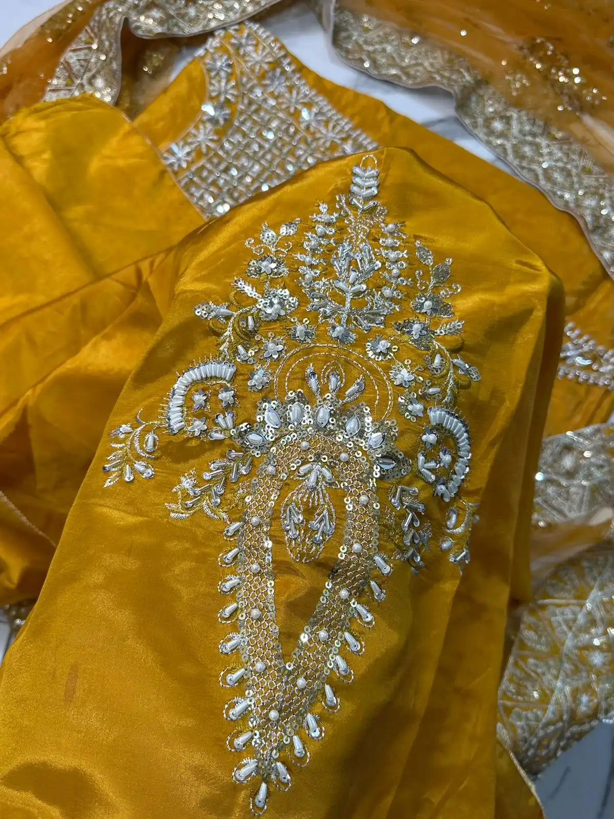 4PC MUSTARD RAW SILK FANCY SUIT FULLY EMBROIDERED WORK