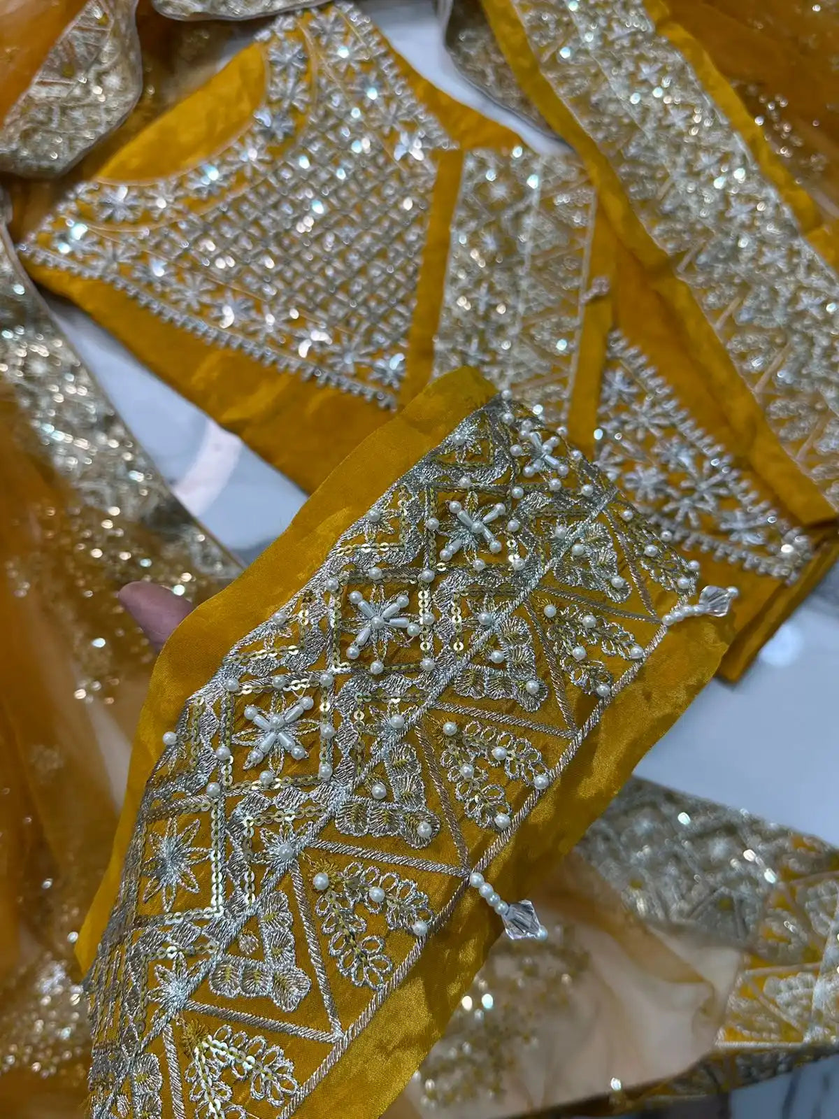 4PC MUSTARD RAW SILK FANCY SUIT FULLY EMBROIDERED WORK