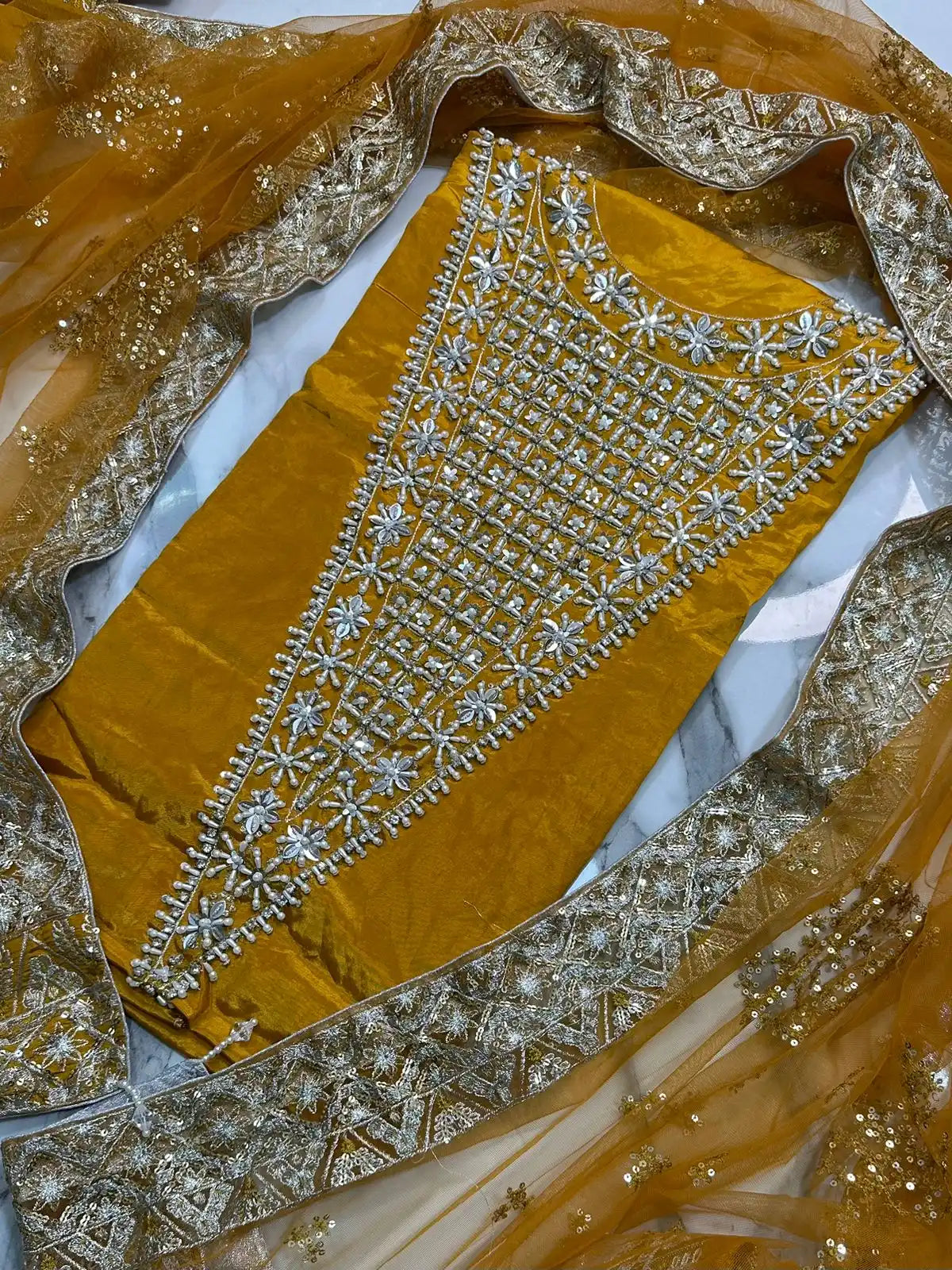 4PC MUSTARD RAW SILK FANCY SUIT FULLY EMBROIDERED WORK