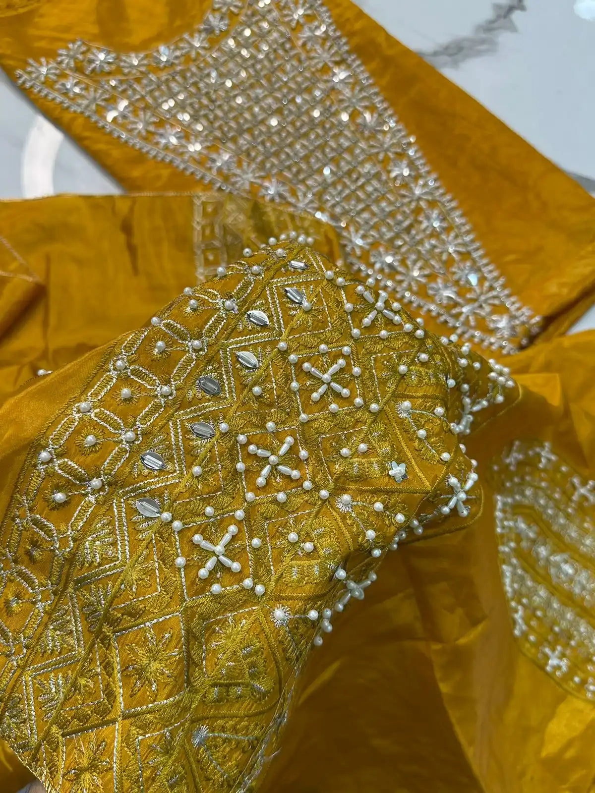 4PC MUSTARD RAW SILK FANCY SUIT FULLY EMBROIDERED WORK