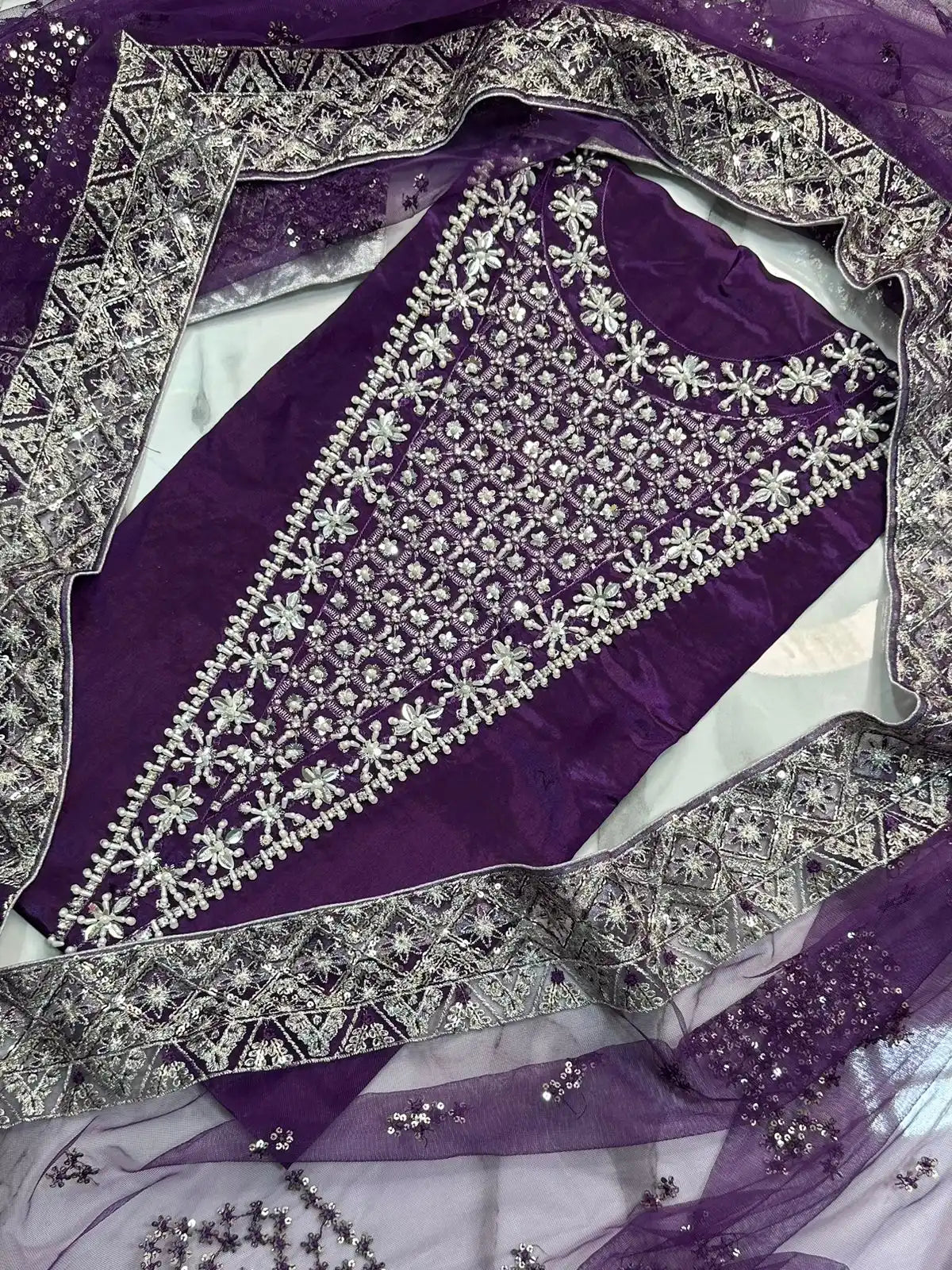 4PC PURPLE RAW SILK FANCY SUIT FULLY EMBROIDERED WORK