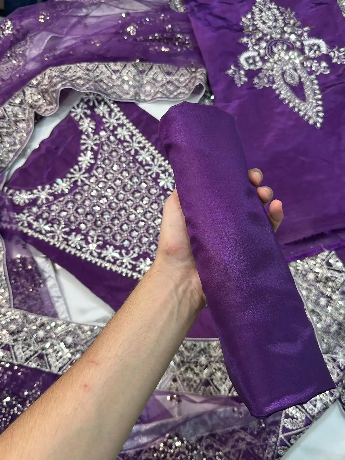 4PC PURPLE RAW SILK FANCY SUIT FULLY EMBROIDERED WORK
