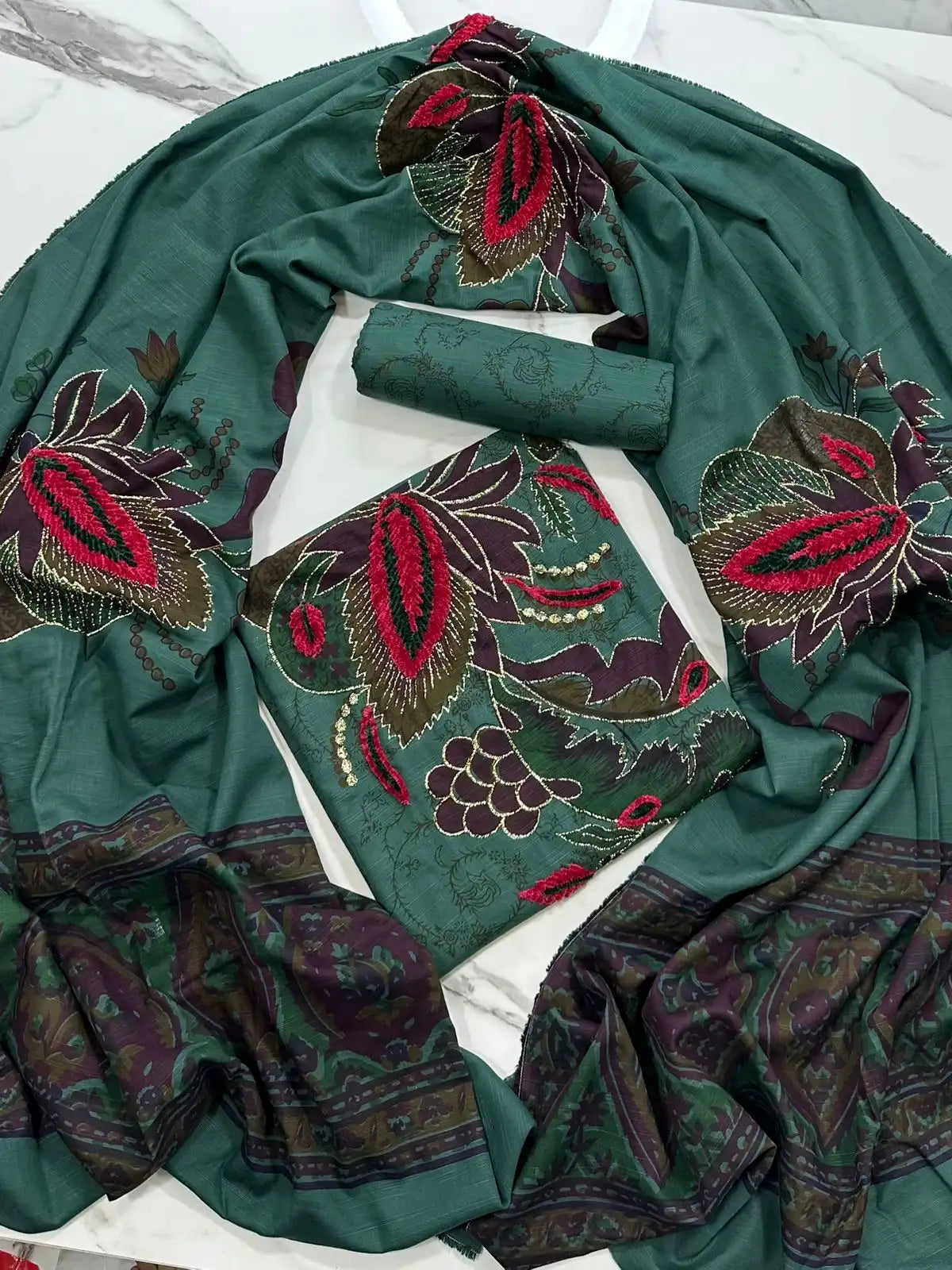 Premium Winter Khaddar 3-Piece Suit with Velvet Embroidery
