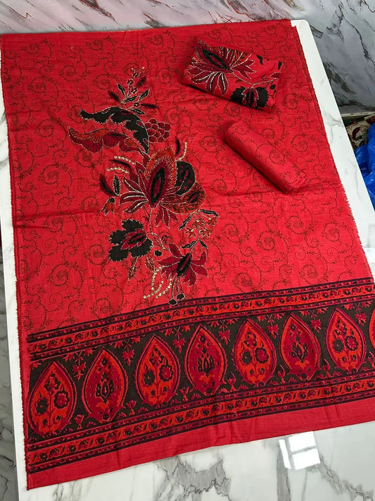 Premium Winter Khaddar 3-Piece Suit with Velvet Embroidery