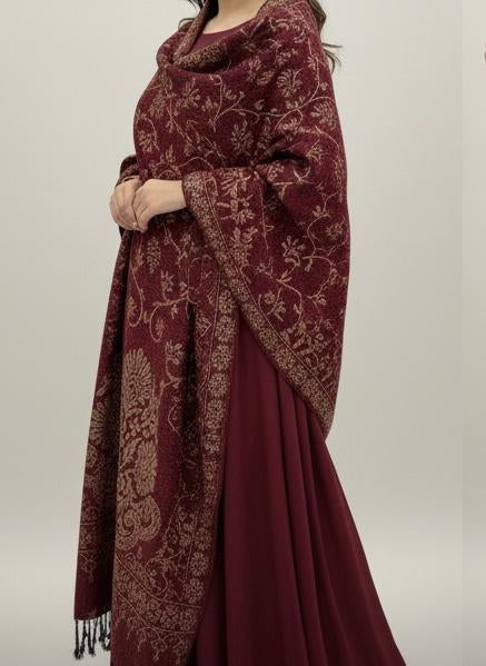 MEHROON VELVET BANARSI SELF-WORK SHAWL