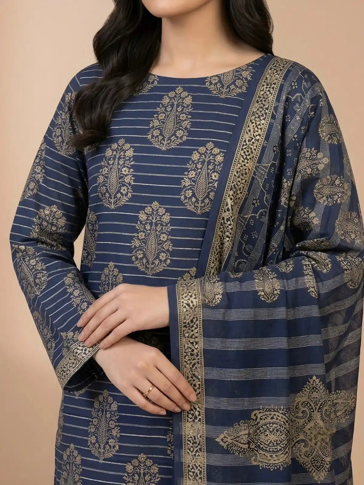 PURE LAWN 3-PIECE GOLD PRINTED SUIT – ELEGANT, SOFT & WASHABLE