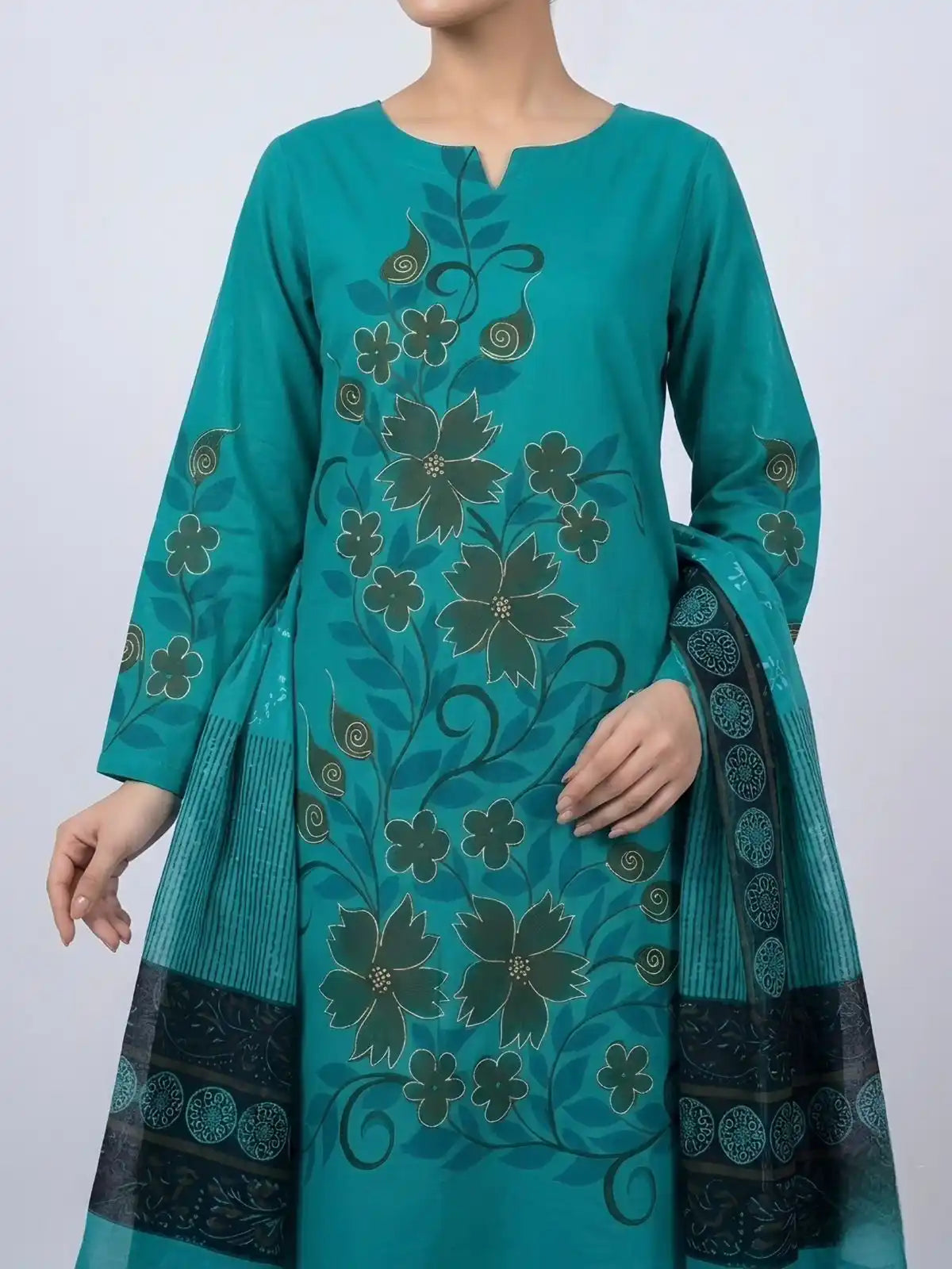 HAND-PAINTED LAWN 3-PIECE SUIT WITH EMBROIDERED CHIFFON DUPATTA & PRINTED TROUSER