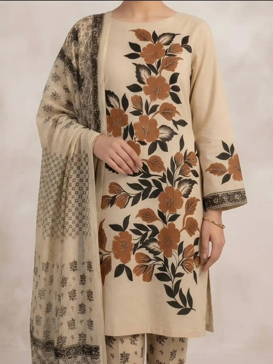 HAND-PAINTED LAWN 3-PIECE SUIT WITH EMBROIDERED CHIFFON DUPATTA & PRINTED TROUSER