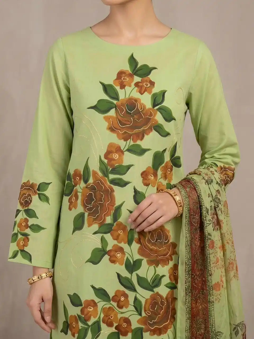 HAND-PAINTED LAWN 3-PIECE SUIT WITH EMBROIDERED CHIFFON DUPATTA & PRINTED TROUSER