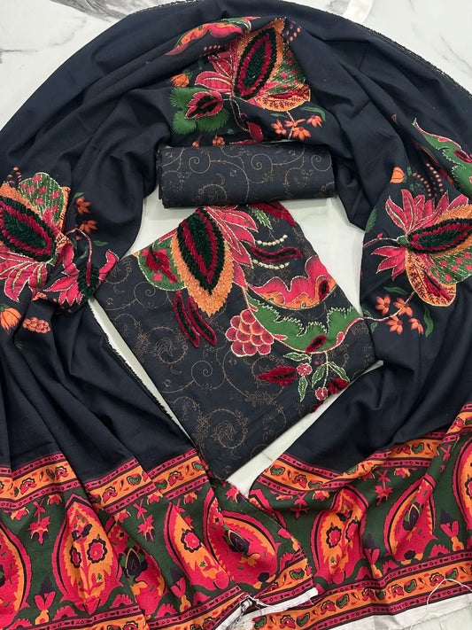 Premium Winter Khaddar 3-Piece Suit with Velvet Embroidery