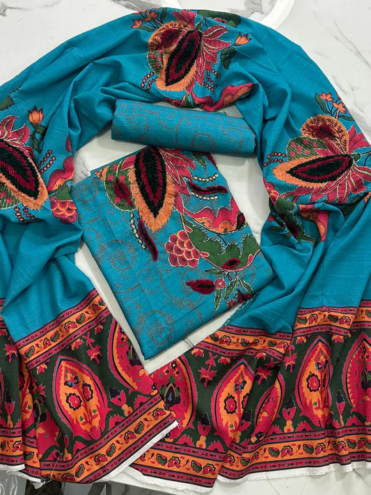 Premium Winter Khaddar 3-Piece Suit with Velvet Embroidery