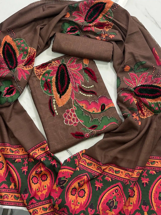 Premium Winter Khaddar 3-Piece Suit with Velvet Embroidery