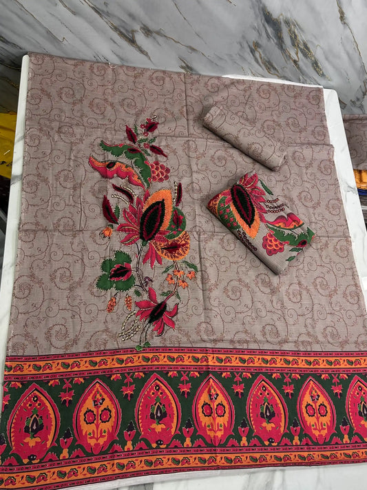 Premium Winter Khaddar 3-Piece Suit with Velvet Embroidery