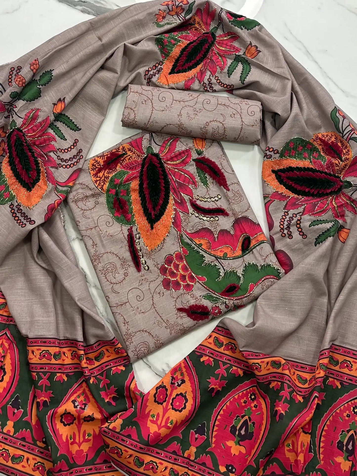 Premium Winter Khaddar 3-Piece Suit with Velvet Embroidery