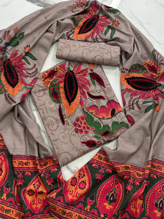 Premium Winter Khaddar 3-Piece Suit with Velvet Embroidery