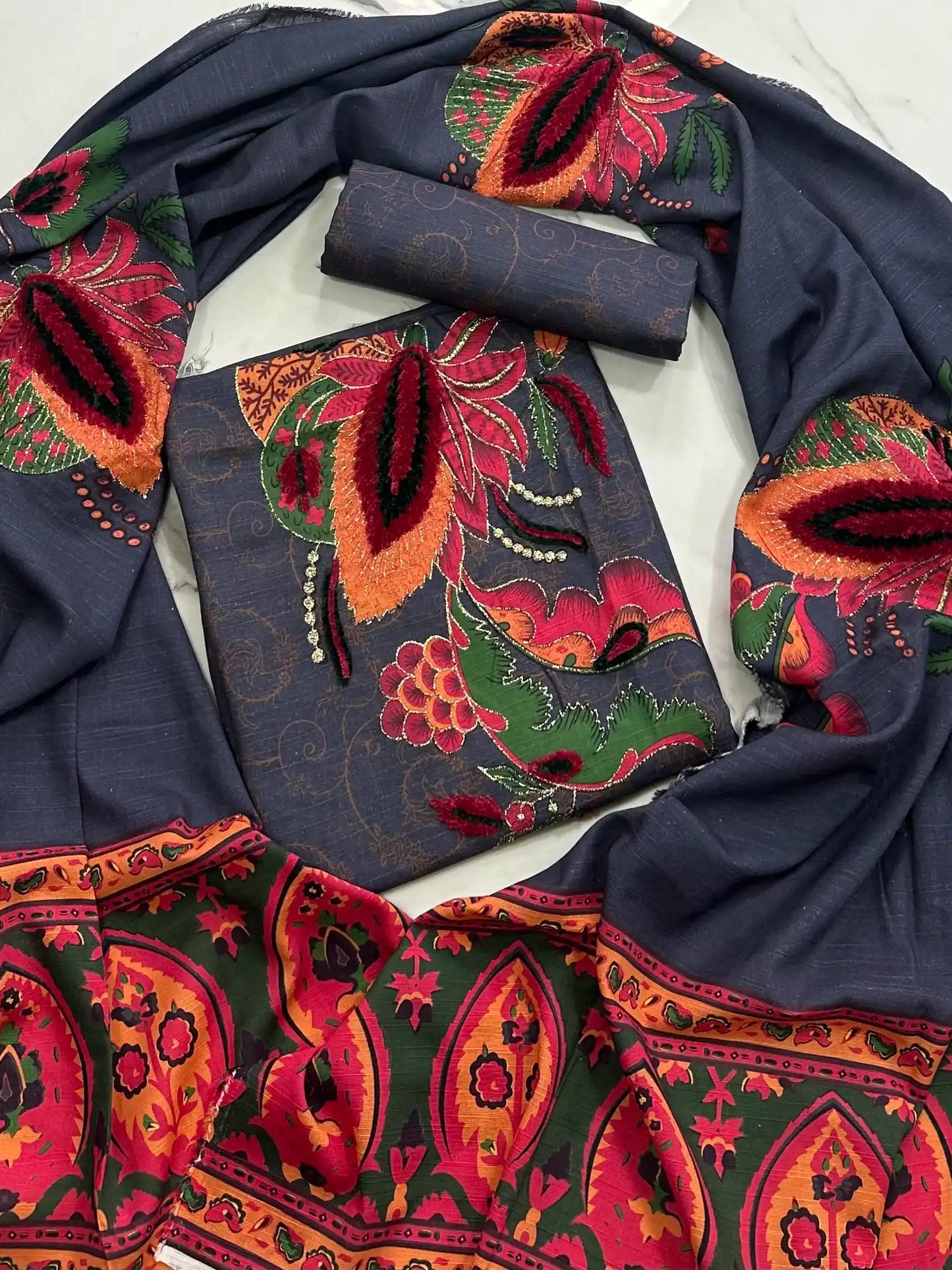 Premium Winter Khaddar 3-Piece Suit with Velvet Embroidery