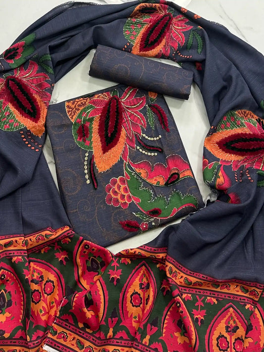 Premium Winter Khaddar 3-Piece Suit with Velvet Embroidery