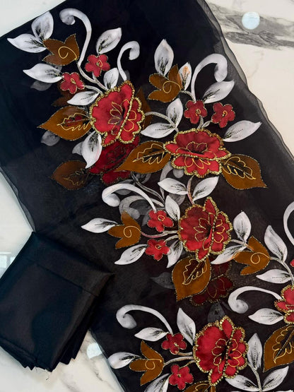 4PC BLACK ORGANZA HEAVY HAND PAINT FULLY GOTTA WORK