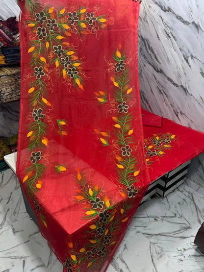 4PC RED ORGANZA HEAVY HAND PAINT FULLY GOTTA WORK