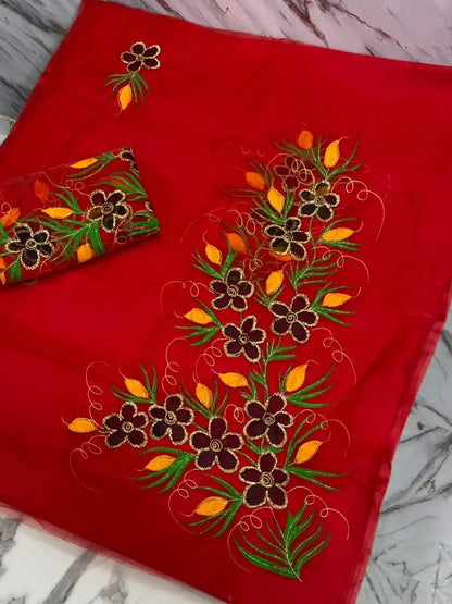 4PC RED ORGANZA HEAVY HAND PAINT FULLY GOTTA WORK